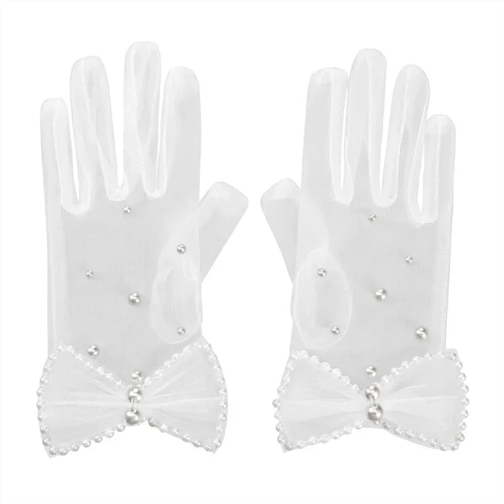 Women's Tulle Mesh Short Pearl Bow White Gloves Wedding Party Tea Accessories
